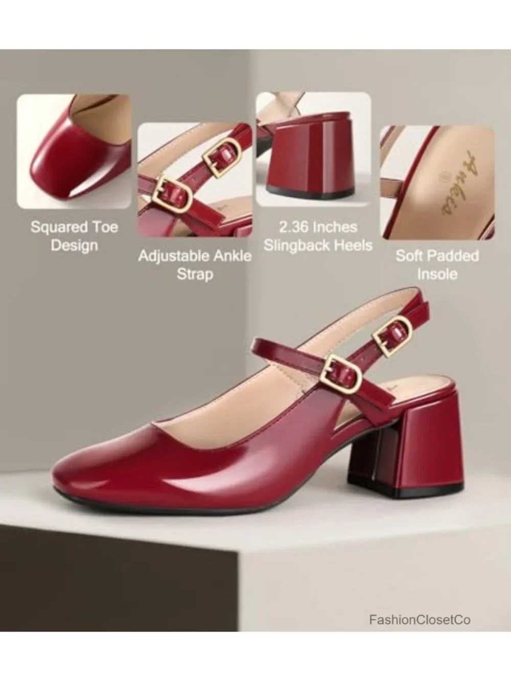 Women's Mary Jane Heels Slingback Chunky Low Heels Square Toe Dress Pumps